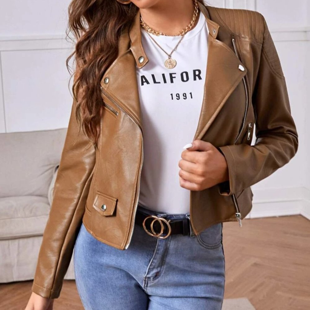 Vegan Leather Minimalist Moto Jacket Camel Tan